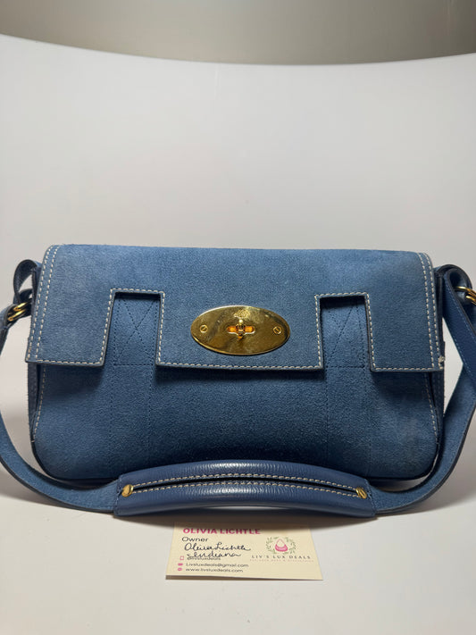 Mulberry East West Bayswater Shoulder Bag in Denim Indigo Suede & Leather – 2024 Release