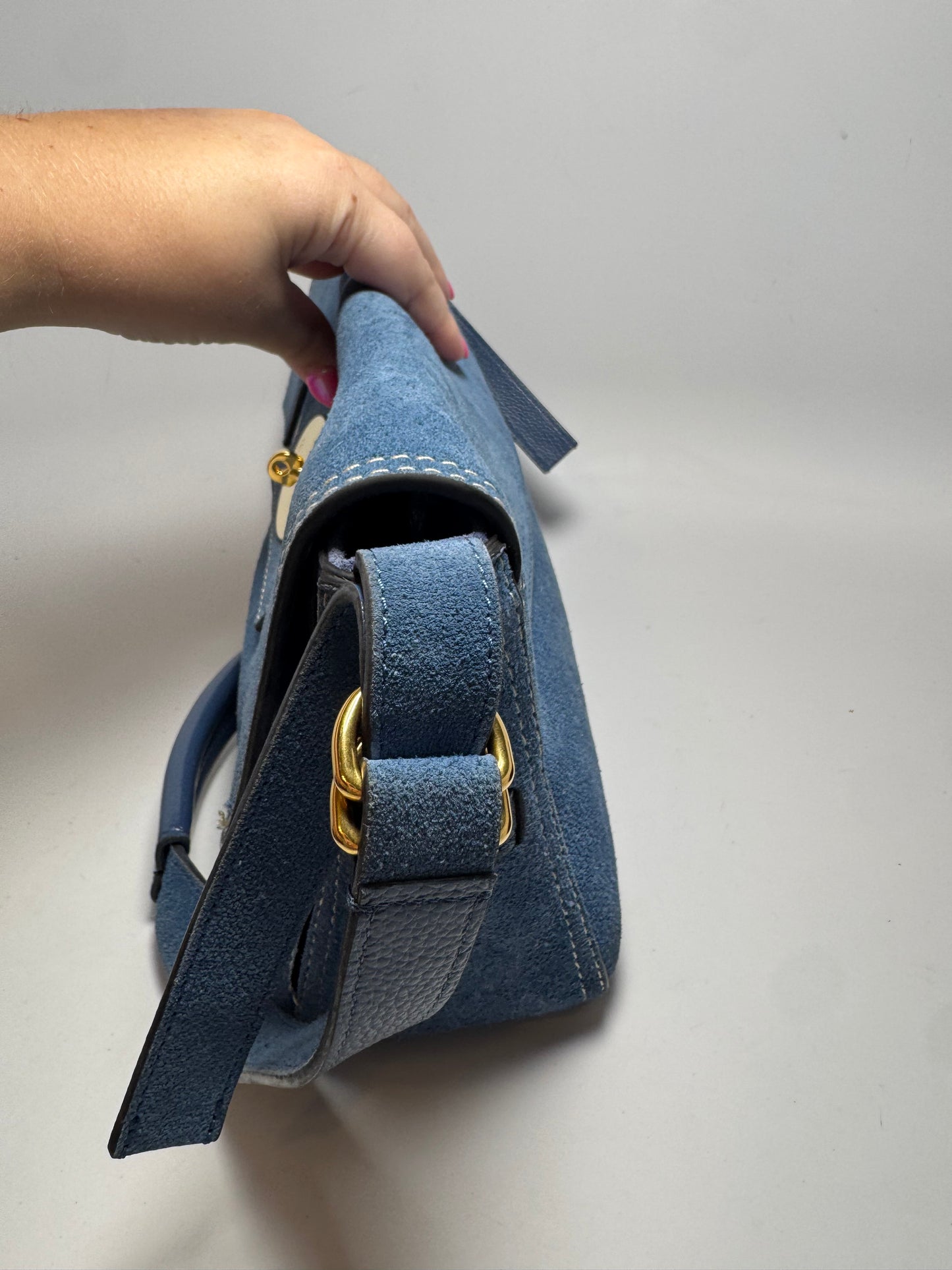 Mulberry East West Bayswater Shoulder Bag in Denim Indigo Suede & Leather – 2024 Release