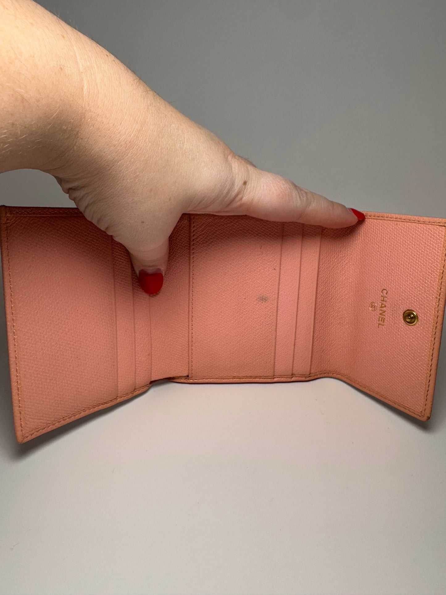 Chanel Vintage Button Line Pink Snap Compact Wallet Coco Mark Trifold