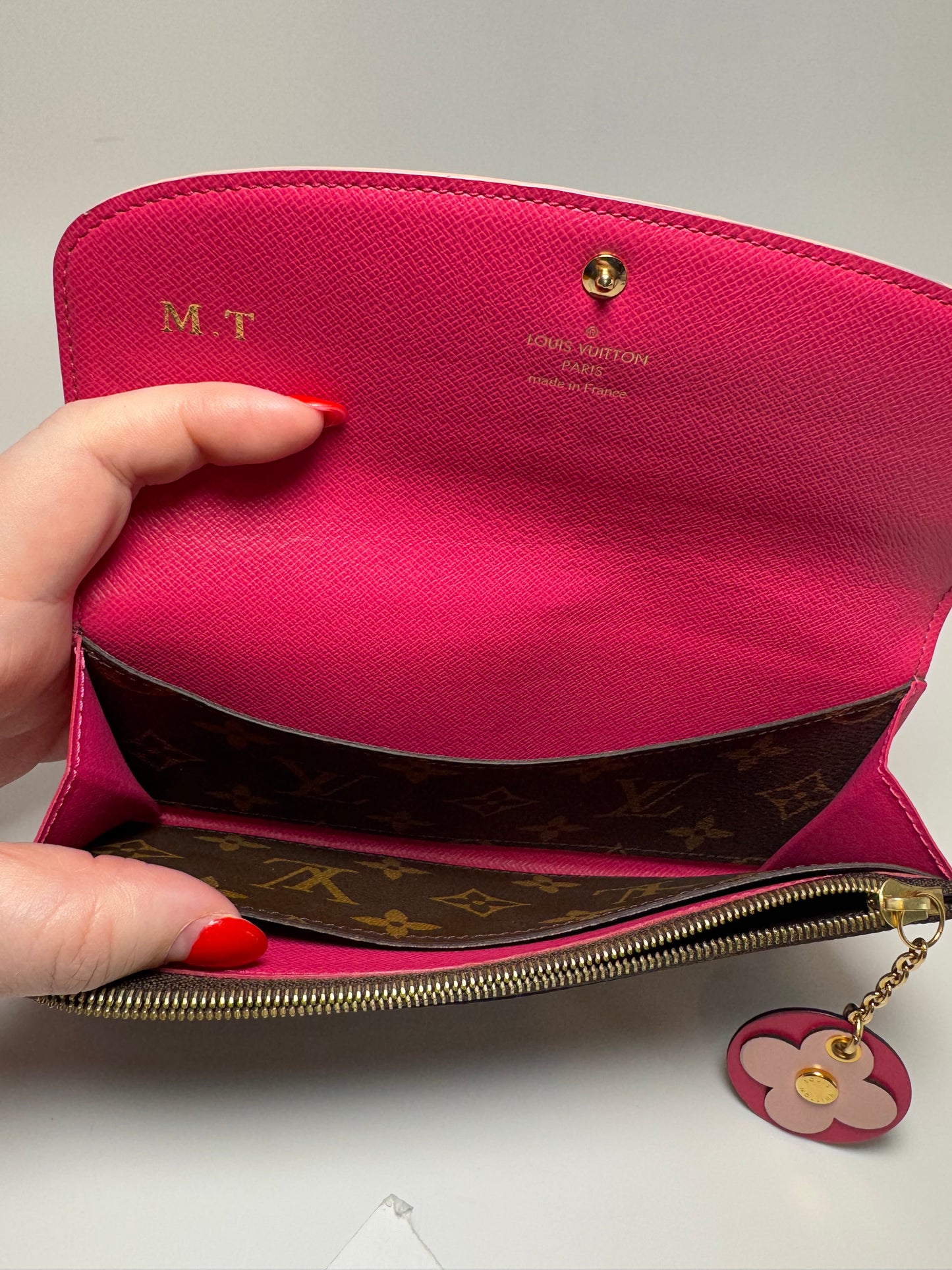 Louis Vuitton Emilie Bloom Pink Fuchsia Monogram Wallet Flower Accents Luxury