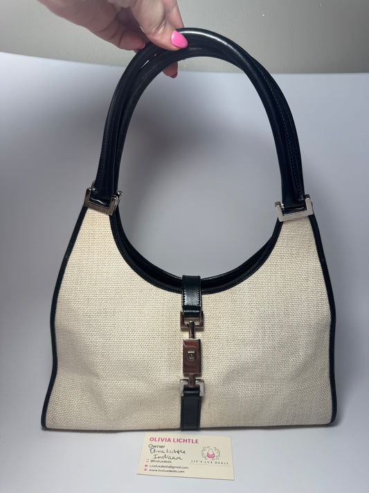Gucci Jackie Bardot Piston Lock Hobo Black & White Cloth & Leather