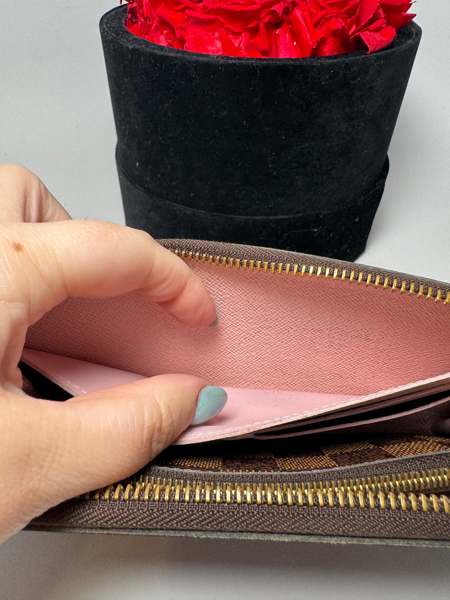 Louis Vuitton Damier Ebene Clémence Wallet w/Ballerine Pink Interior