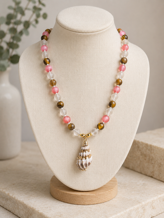 Pink & Tiger Eye Beaded Necklace with Gold Tone Seashell Pendant | Coastal Boho Handmade by Liv