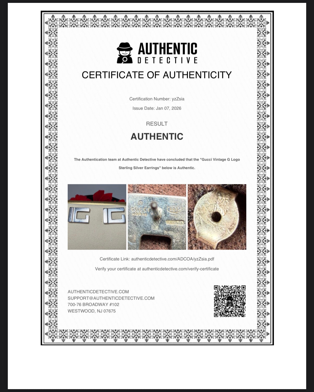 Gucci GG 925 Sterling Silver Stud Earrings with Dust Bag & COA