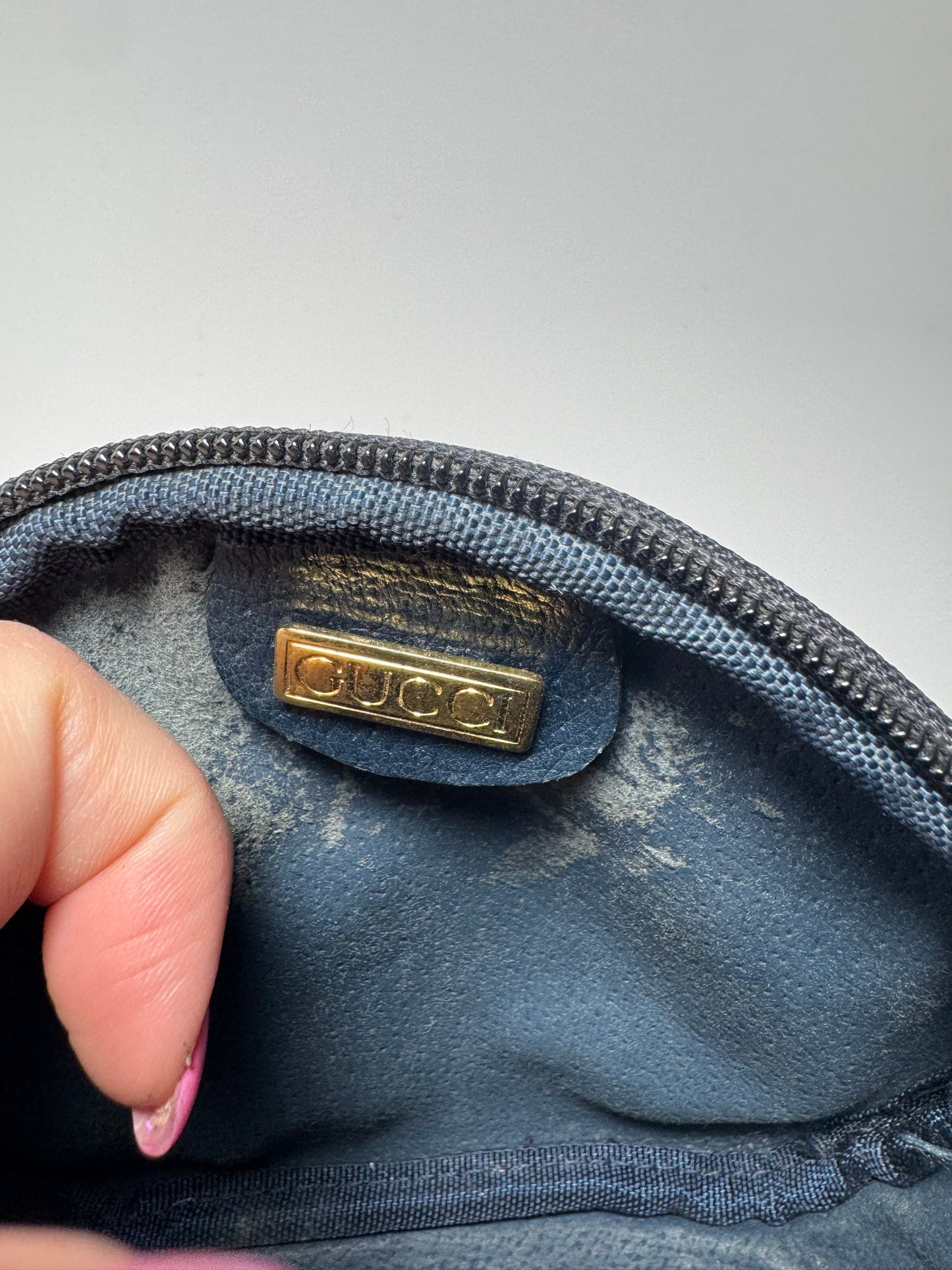 Gucci Web Canvas & Leather Navy Grey Dome Pouch/Cosmetic Case