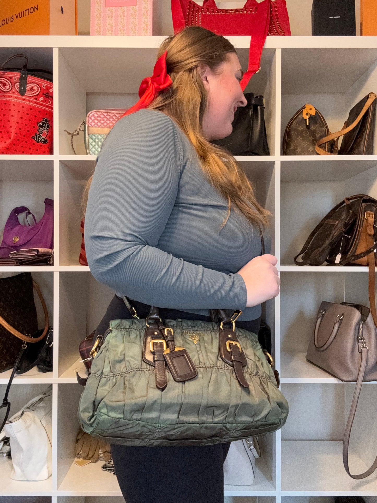 Prada Tessuto Gaufre Olive Green & Brown Leather Satchel/Crossbody