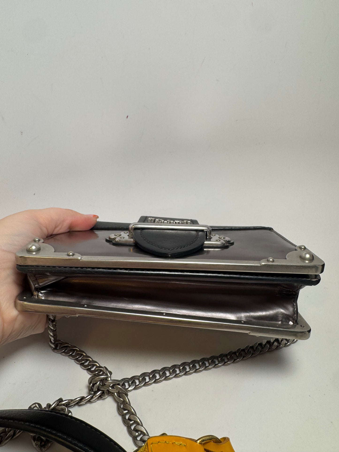 Prada Metallic Vitello Saffiano Cahier Bag Ferro Black Crossbody