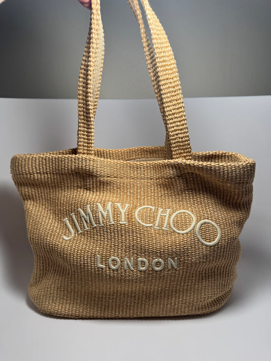 Jimmy Choo Natural Raffia E/W (East West) Tote Nag in Natural/Latte