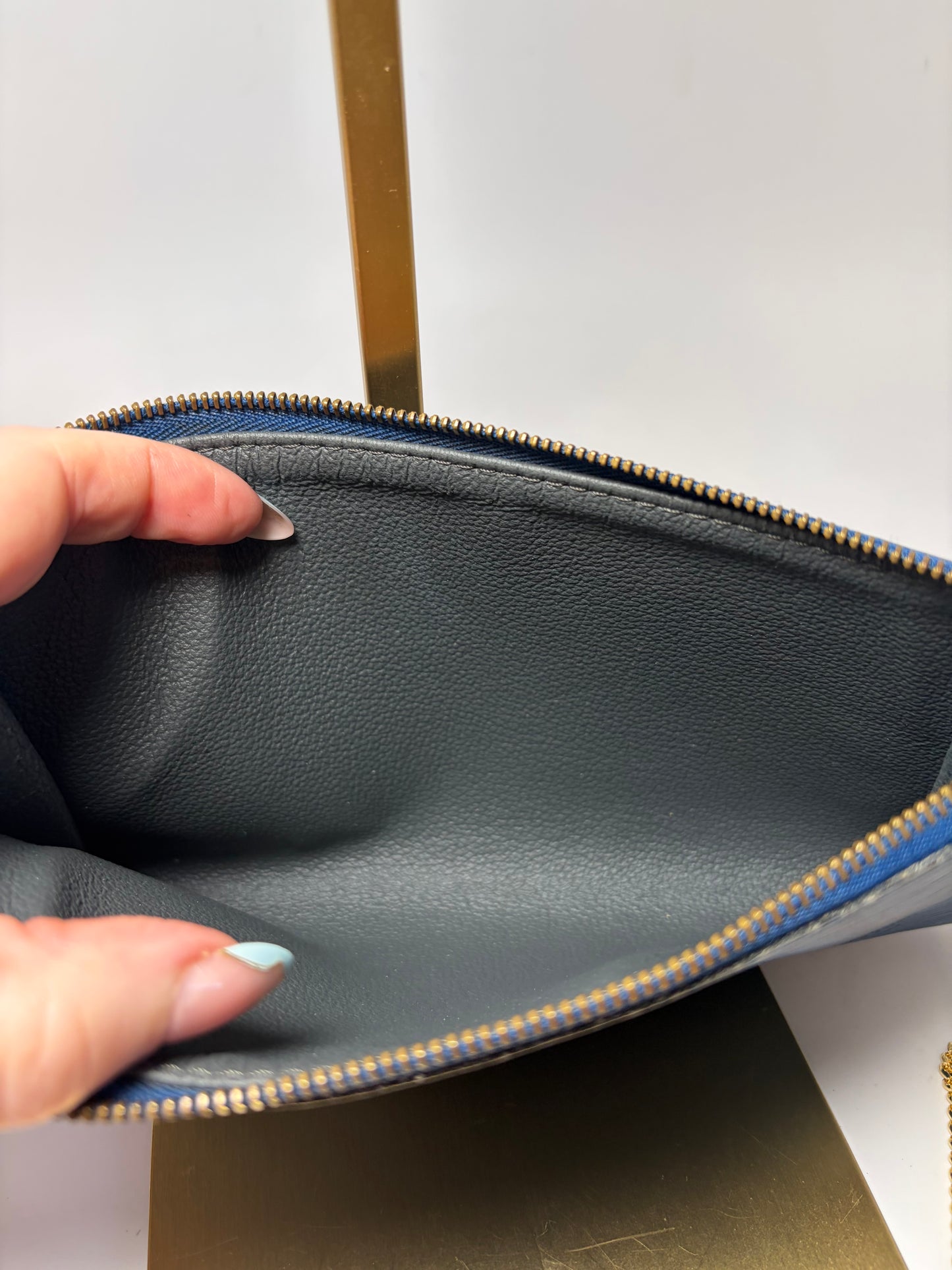 Louis Vuitton Pouch Pochette Accessories in Blue Epi Leather with LV Gold Chain