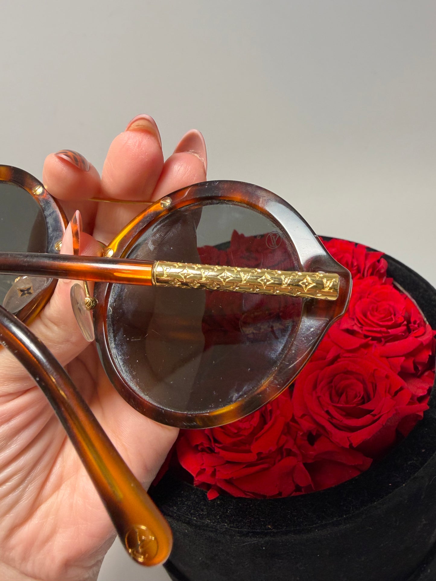 Louis Vuitton Brown Tortoise Round Sunglasses with Gold Monogram Details