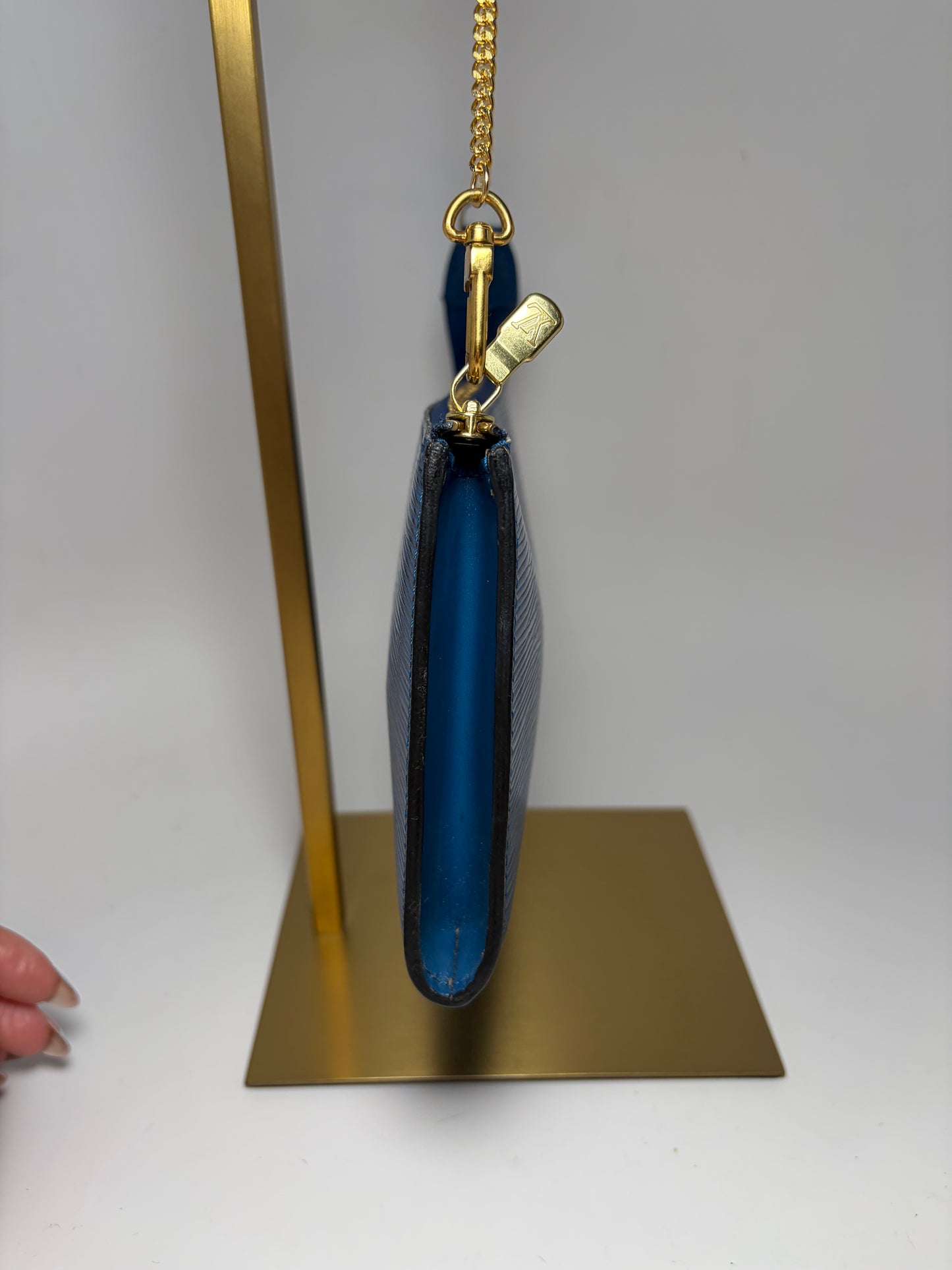 Louis Vuitton Pouch Pochette Accessories in Blue Epi Leather with LV Gold Chain