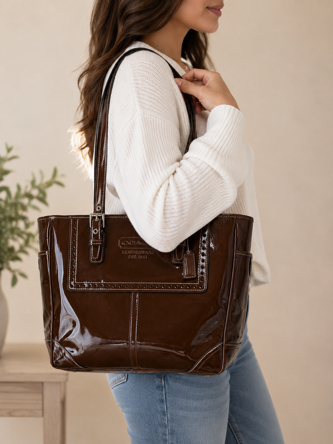 Coach Patent Leather Shoulder Bag/Tote in Chocolate Brown