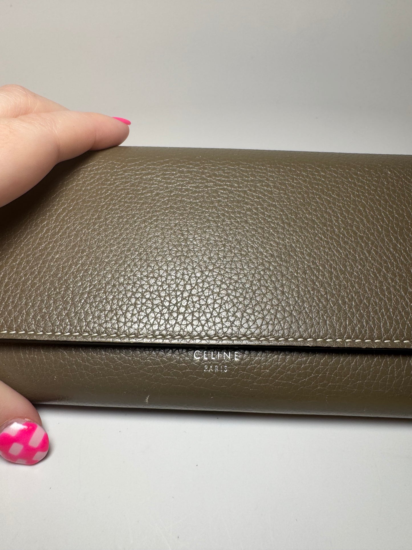 Celine Large Flap Multifunction Wallet Grey Grained Leather Luxury Made In Italy