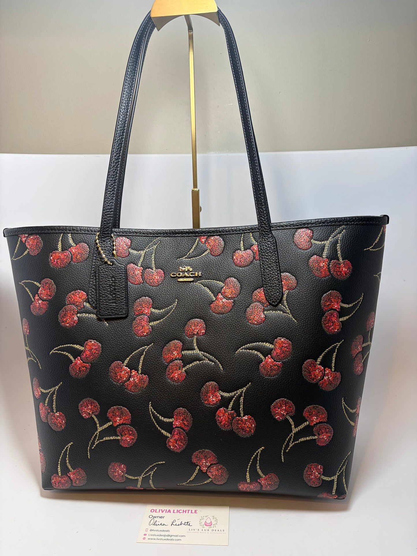 Coach City Tote Black Leather & Red Glitter Cherried