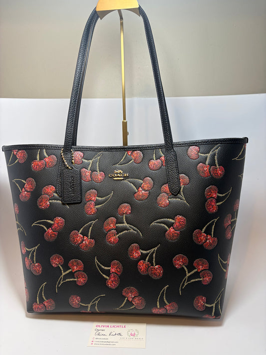 Coach City Tote Black Leather & Red Glitter Cherried