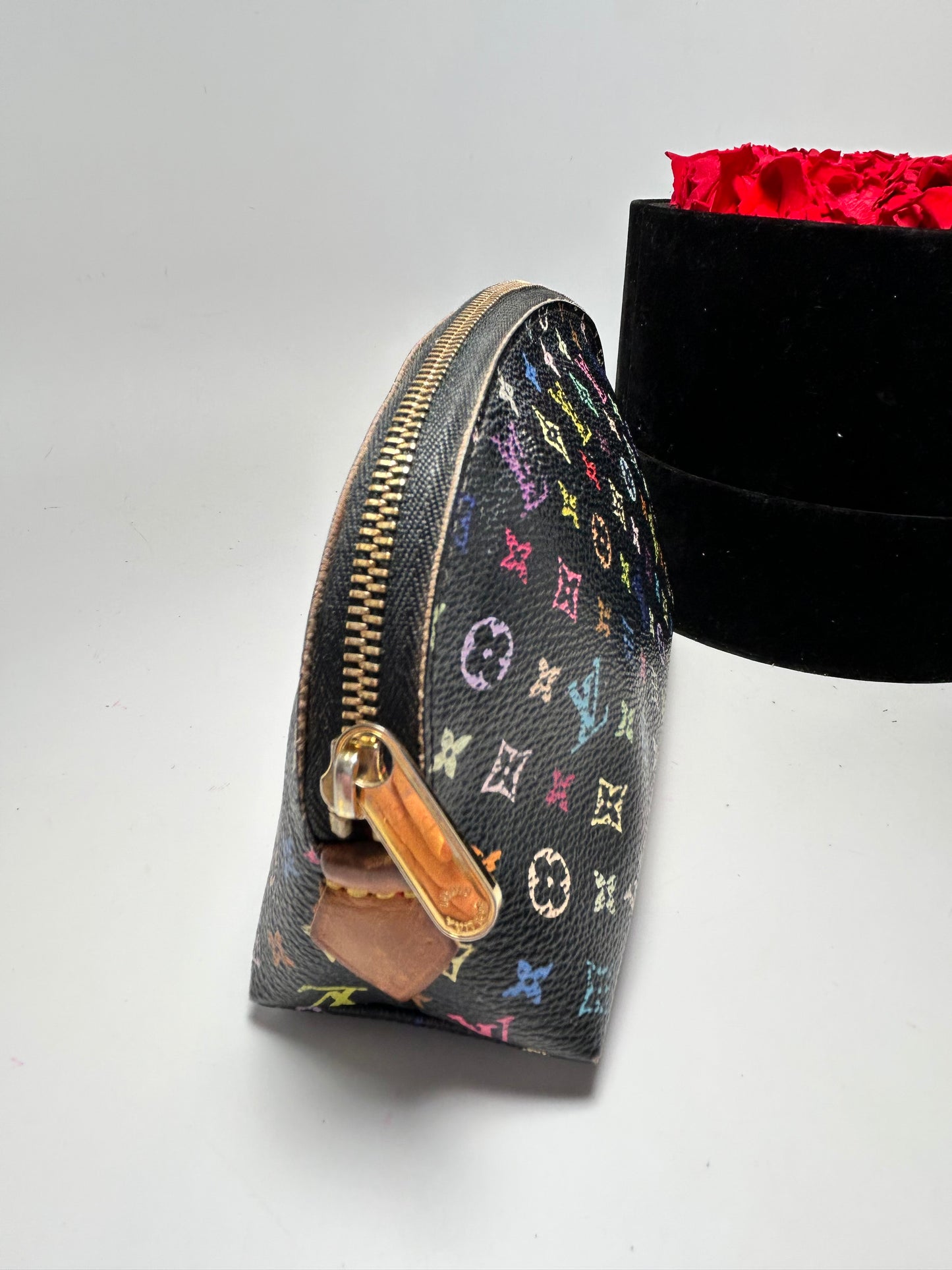 Louis Vuitton Takashi Murakami Black Multicolore Monogram Cosmetic Pouch w/Hot Pink Interior