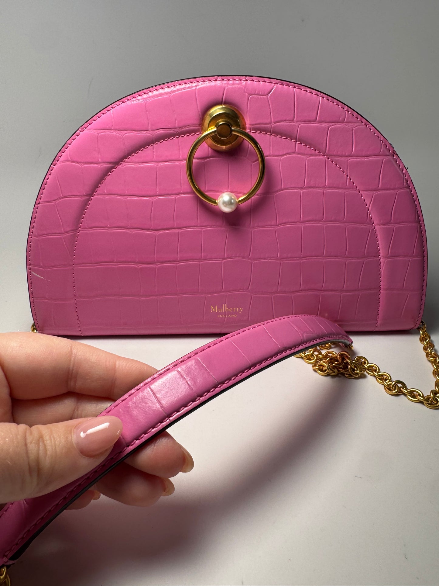 Mulberry Crocodile Embossed Calfskin Crescent Clutch Pink Pearl Shoulder Bag