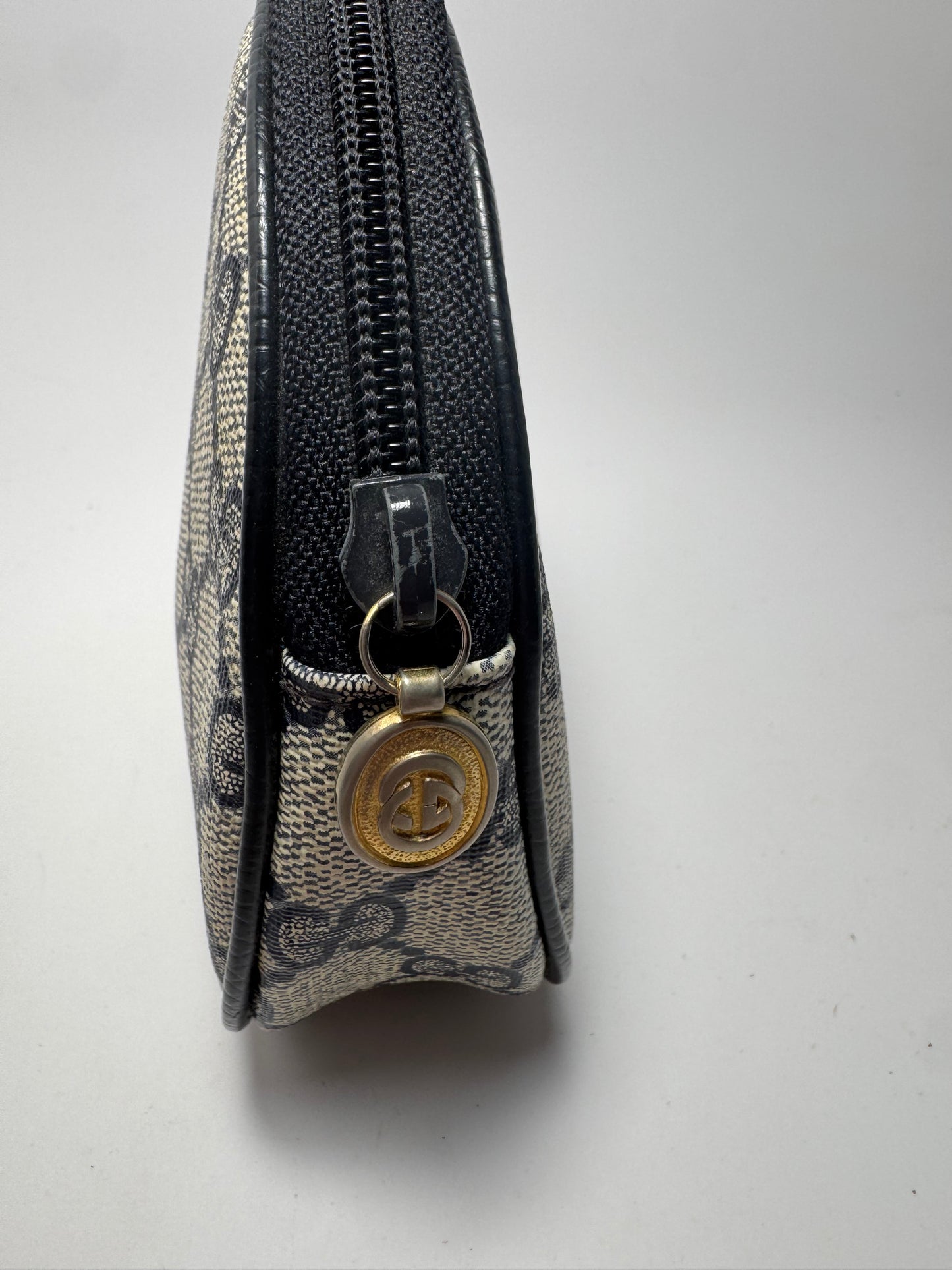 Gucci Web Canvas & Leather Navy Grey Dome Pouch/Cosmetic Case