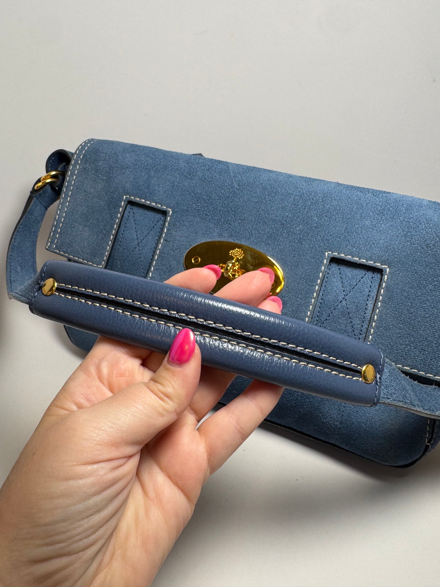 Mulberry East West Bayswater Shoulder Bag in Denim Indigo Suede & Leather – 2024 Release