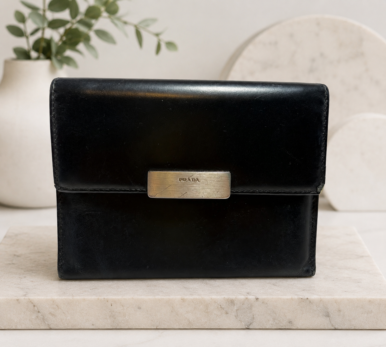 Prada Black Leather Trifold Wallet