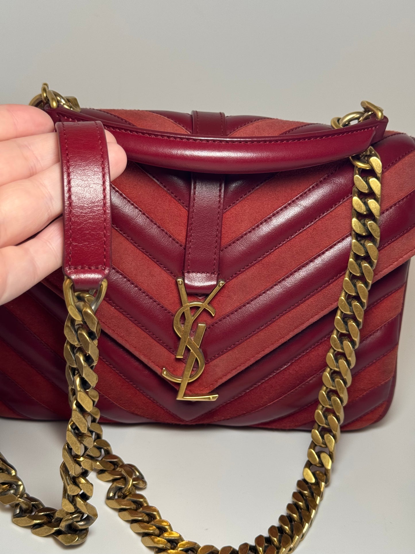 Saint Laurent YSL Red Suede & Leather Matelassé Chevron Medium College Bag Gold