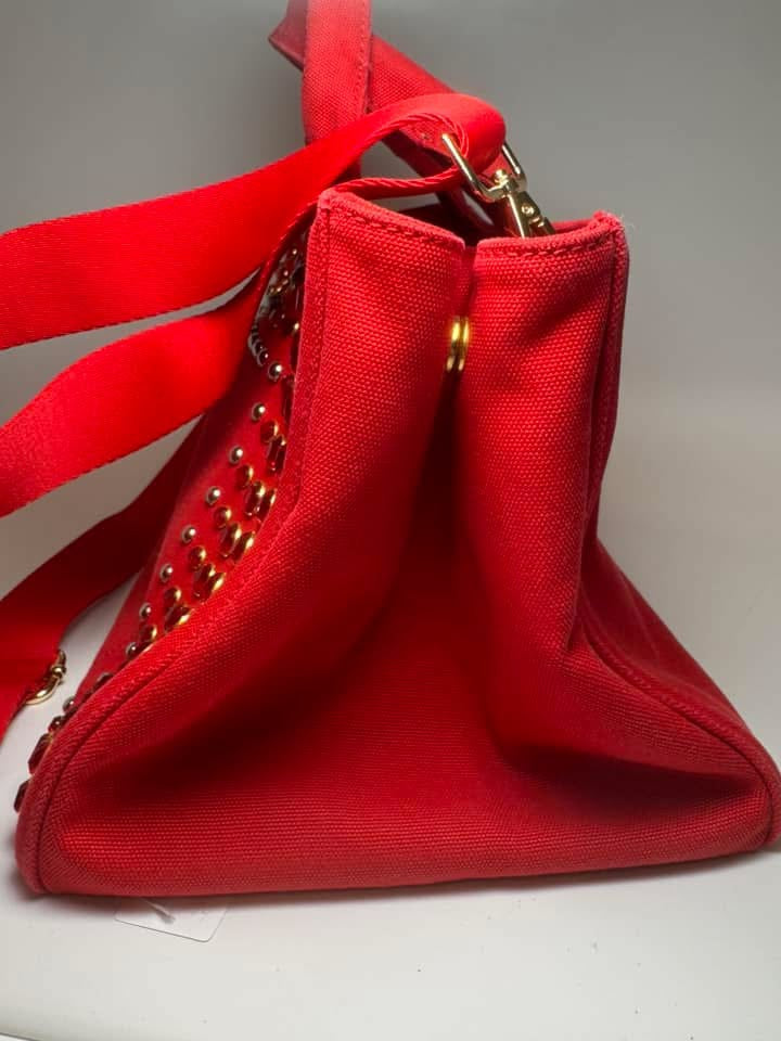 Prada Crystals Canapa Tote Large Red Rosso w/Crossbody Strap