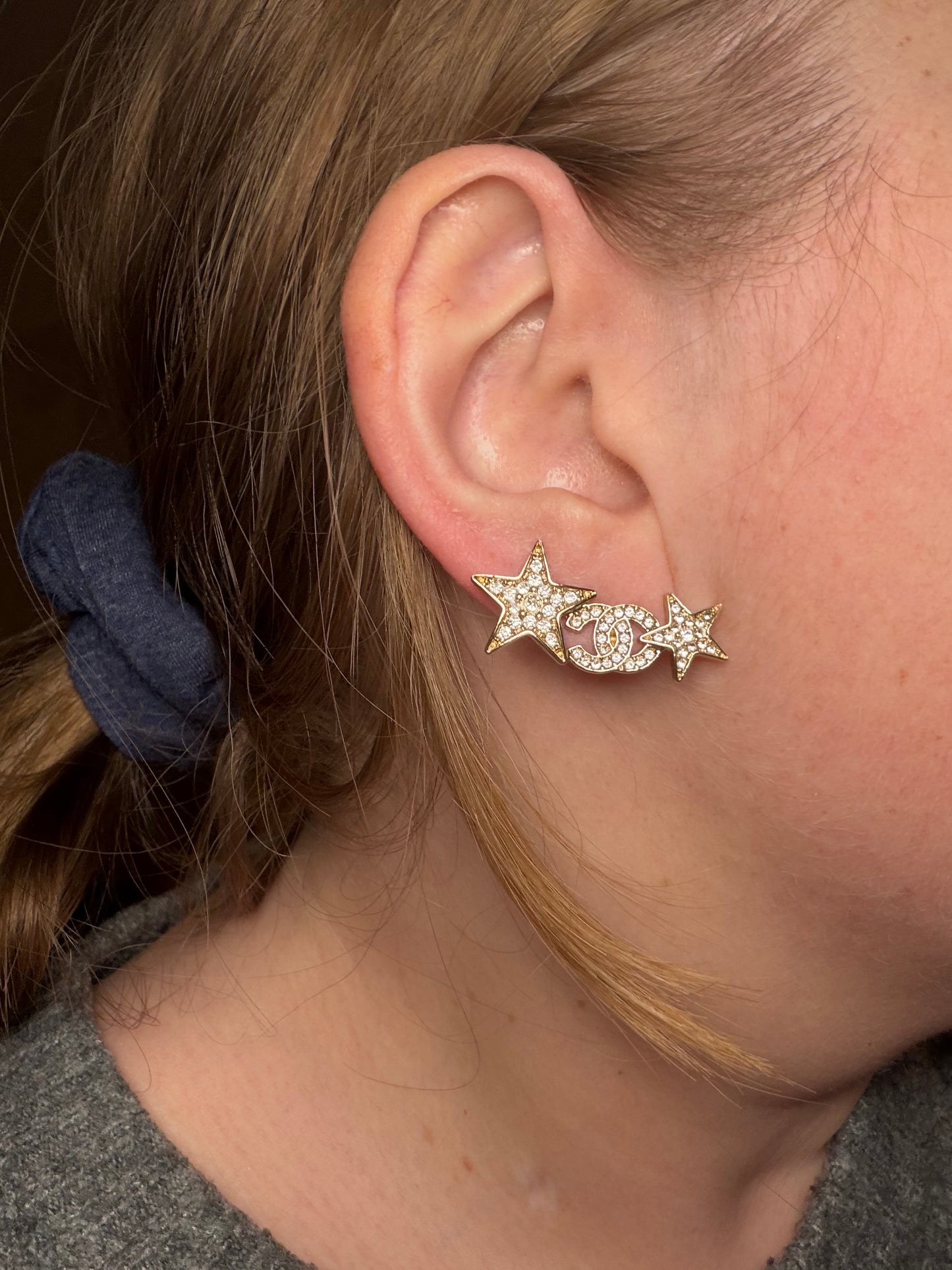 Chanel CC Gold Double Star Earrings