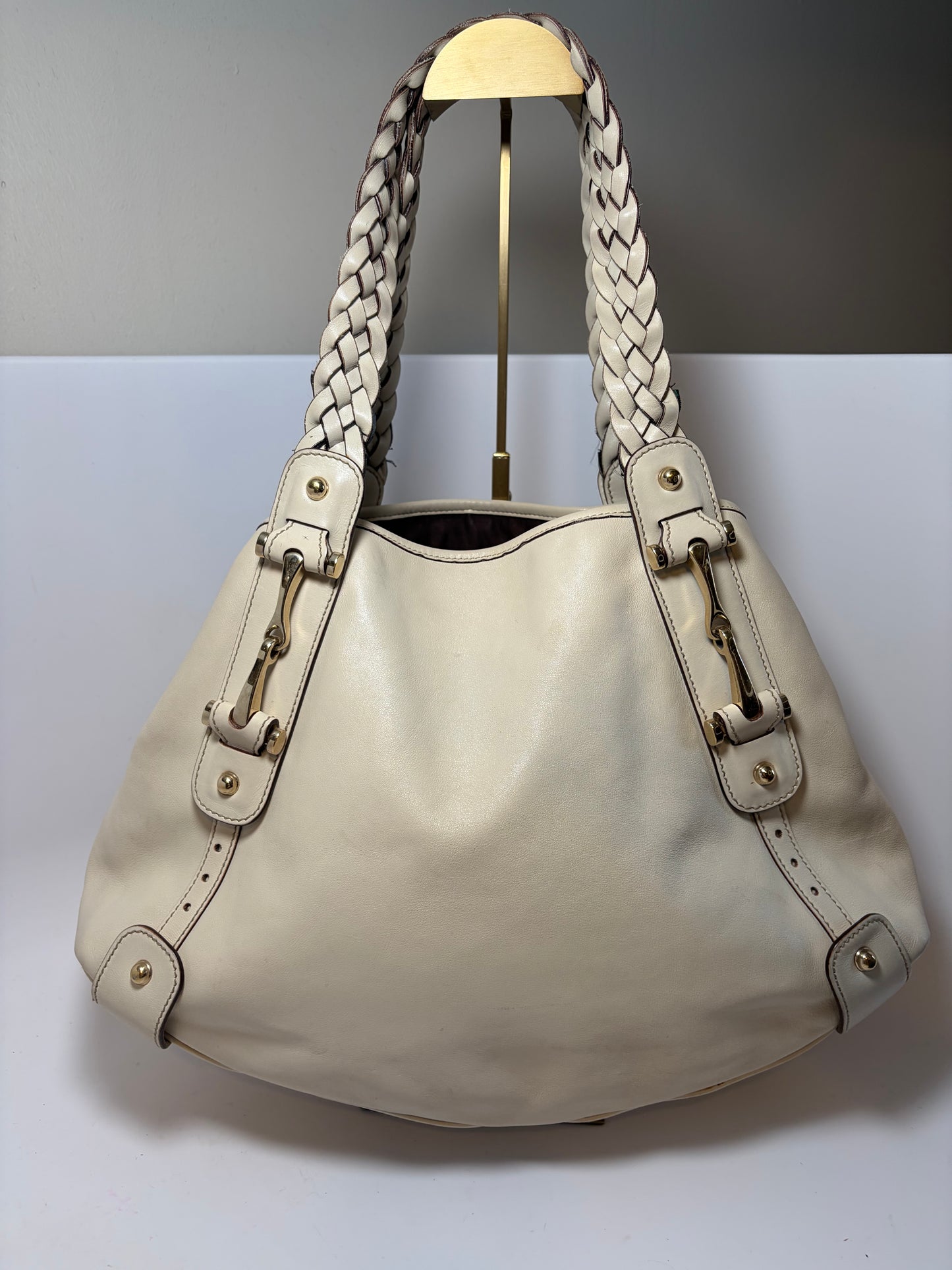 Gucci Pelham Shoulder Bag Ivory Leather w/Braided Handle